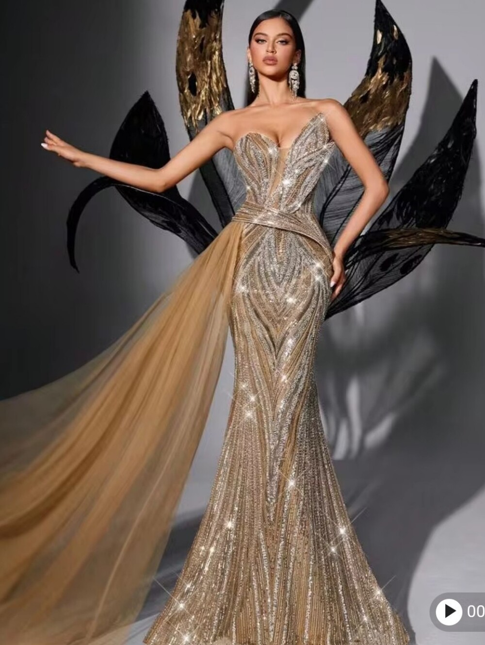 Strapless Gold Sequin Evening Formal Gown Size L